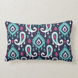 Navy Turquoise and Pink Ikat Paisley Throw Pillow