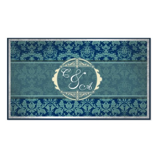 Navy Vintage Damask Wedding place card Business Card Template (front side)