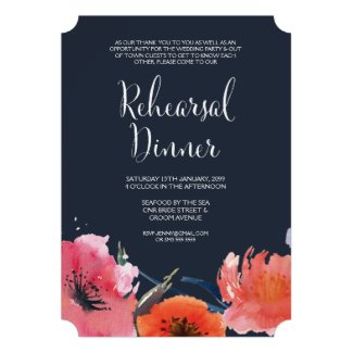 Navy Watercolor Floral Rehearsal Dinner Invite