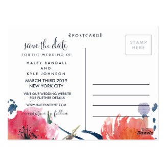 Navy Watercolor Floral Save the Date Announcement Postcards