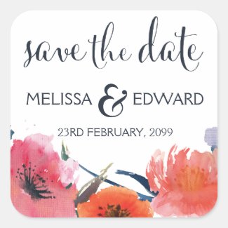 Navy Watercolor Floral Save the Date Announcement Square Sticker