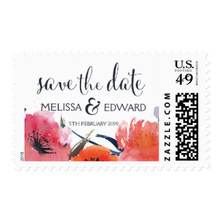 Navy Watercolor Floral Save the Date Postage Stamp