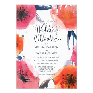 Navy Watercolor Floral Wedding Invite