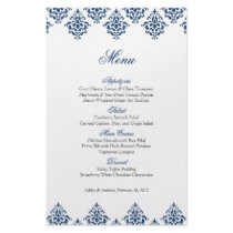 Navy White Damask Arabesque Wedding Menu Card Custom Flyer