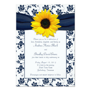 Navy White Damask Sunflower Wedding Invitation 5