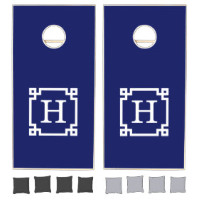 Navy White Greek Key Frame #2 Initial Monogram Cornhole Sets
