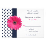 Navy White Polka Dot Pink Daisy Wedding RSVP Card Invite