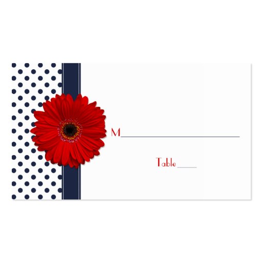 Navy White Polka Dot Red Gerber Daisy Place Card Business Cards (front side)