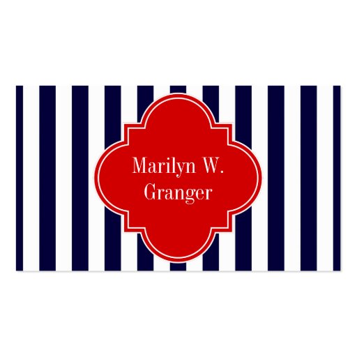 Navy White Stripe Red Quatrefoil 3 Monogram Business Card (back side)