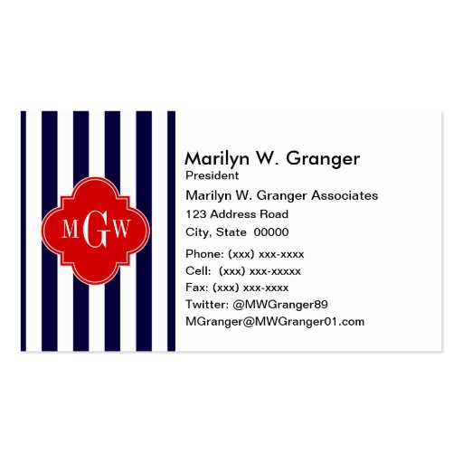 Navy White Stripe Red Quatrefoil 3 Monogram Business Card