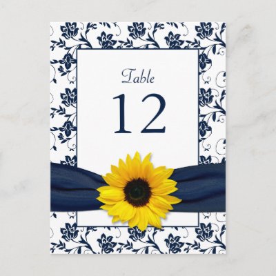 Navy White Sunflower Damask Wedding Table Card Postcards by wasootch
