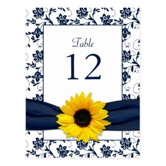Navy White Sunflower Damask Wedding Table Card Postcards
