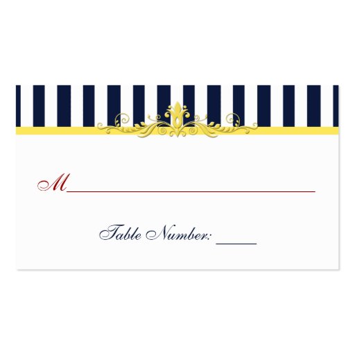 Navy, White, Yellow, Red Striped Place Card Business Cards (front side)