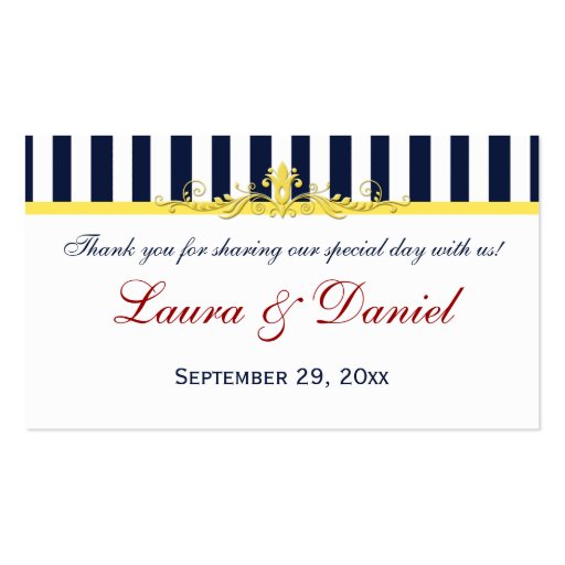 Navy, White, Yellow, Red Striped Wedding Favor Tag Business Card Template (front side)