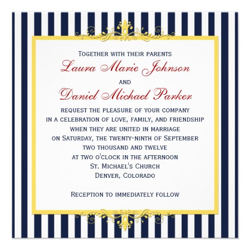 Navy, White, Yellow, Red Stripes & Scrolls Invite
