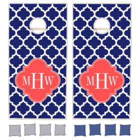 Navy Wht Moroccan #5 Coral Red 3 Initial Monogram Cornhole Sets