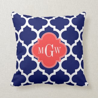 Navy Wht Moroccan #5 Coral Red 3 Initial Monogram Pillow