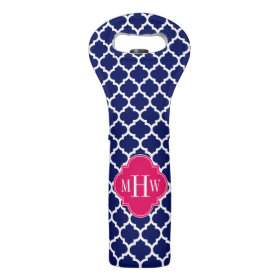 Navy Wht Moroccan #5 Raspberry 3 Initial Monogram Neoprene Wine Totes