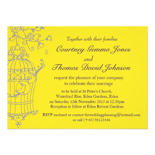 Navy & yellow birds open cage wedding invitation