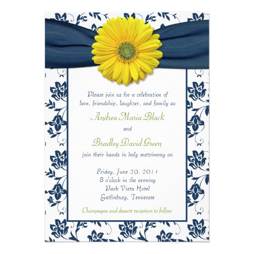 Navy Yellow Damask Daisy Wedding Invitation