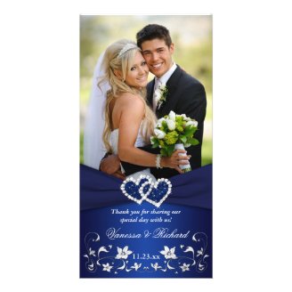 Navyl Blue Silvee Floral Hearts Wedding Photo Card