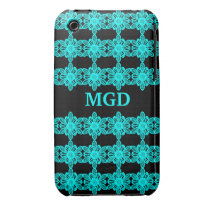 Neon blue abstract flowers over black monogram case-mate iphone 3 case