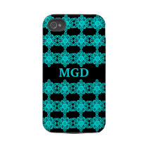 Neon blue abstract flowers over black monogram tough iphone 4 cover