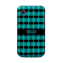 Neon blue abstract flowers over black monogram samsung galaxy cases