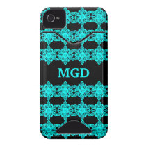 Neon blue abstract flowers over black monogram iphone 4 id case