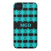 Neon blue abstract flowers over black monogram iphone 4 cover