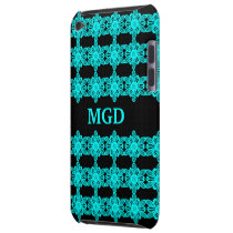 Neon blue abstract flowers over black monogram barely there ipod cases