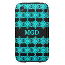Neon blue abstract flowers over black monogram tough iphone 3 case