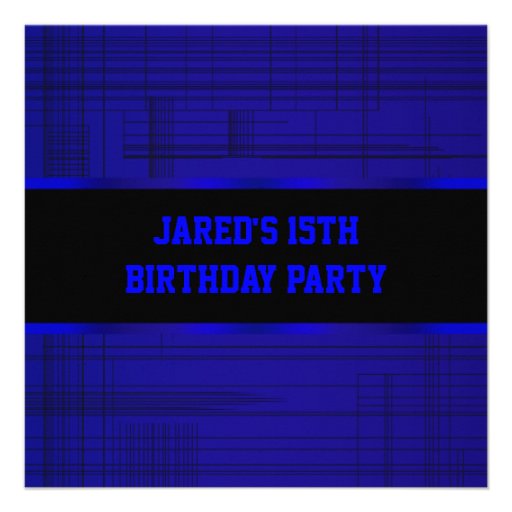 Neon Blue Black Stripe Boys 15th Birthday Party Personalized Invites