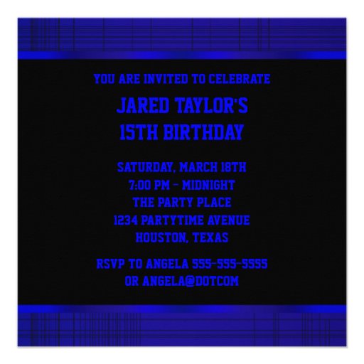 Neon Blue Black Stripe Boys 15th Birthday Party Personalized Invites