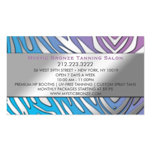 Neon Blue & Purple Zebra Print Tanning/Salon Business Card Template (back side)