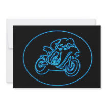 Neon Blue Racing Motorcycle Silhouette Personalized Invitation