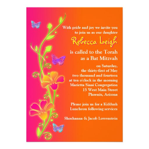 Neon Butterflies & Flowers Bat Mitzvah Invite 2
