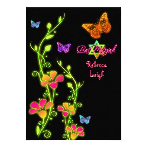 Neon Butterflies & Flowers Bat Mitzvah Invite 2