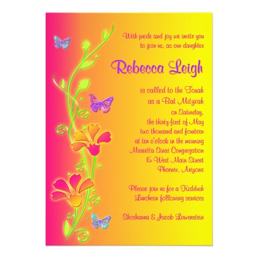 Neon Butterflies & Flowers Bat Mitzvah Invite 3