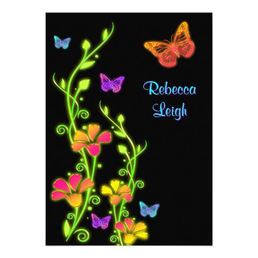 Neon Butterflies & Flowers Bat Mitzvah Invite 3