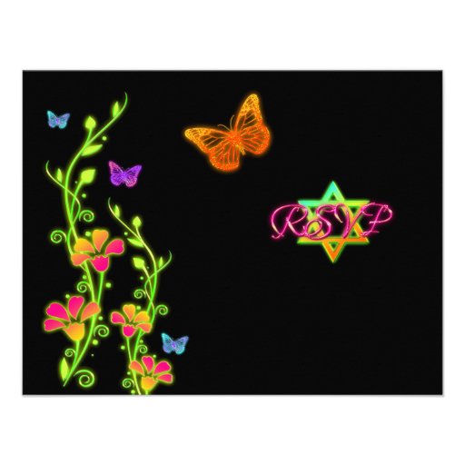Neon Buttterflies & Flowers Bat Mitzvah RSVP Card