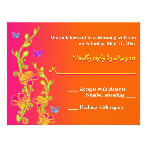 Neon Buttterflies & Flowers Bat Mitzvah RSVP Card