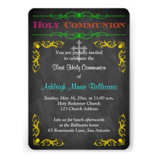 Neon Chalkboard First Holy Communion Invite