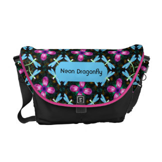 Neon Dragonflies Pink Flower Black Shimmer Pattern Messenger Bags