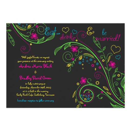 Neon Floral Chalkboard Doodle Wedding Invitation (front side)