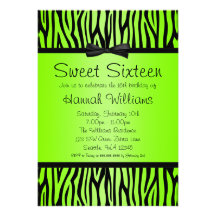 Neon Green and Black Zebra Bow Sweet 16 Birthday Custom Invite