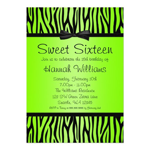 Neon Green and Black Zebra Bow Sweet 16 Birthday Custom Invite