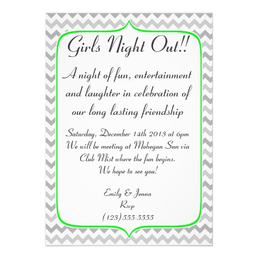 Neon Green and Grey Chevron Girls Night Out Personalized Invitations (front side)