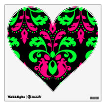 Neon green and pink vintage damask on black wall sticker