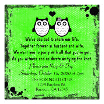 Neon green grunge owl punk wedding invitations